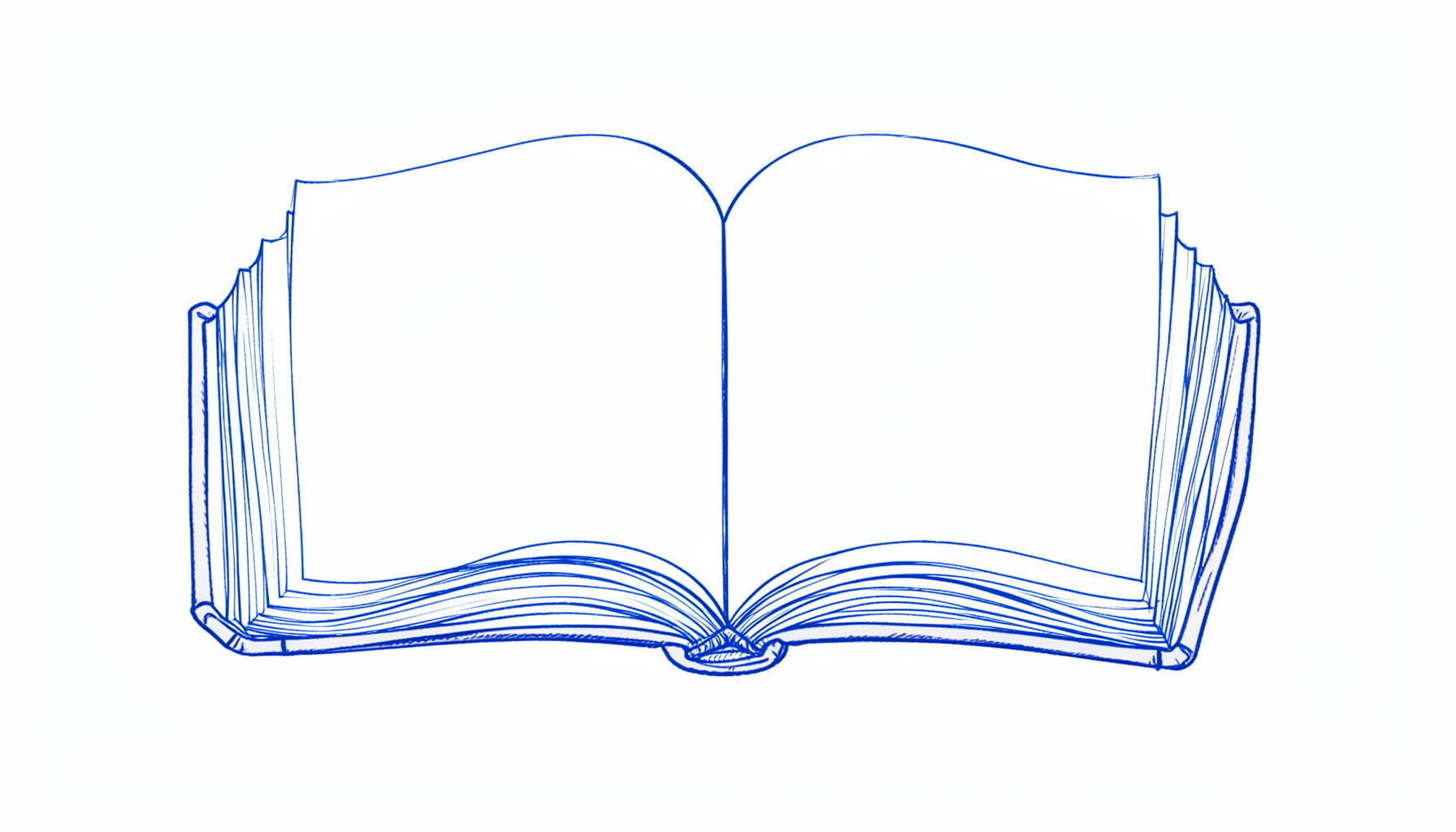 Eine schlichte Federzeichnung eines aufgeschlagenen mittelalterlichen Kodex mit feinen Linien, in gedecktem Blau-Grau auf hellem Grund.
